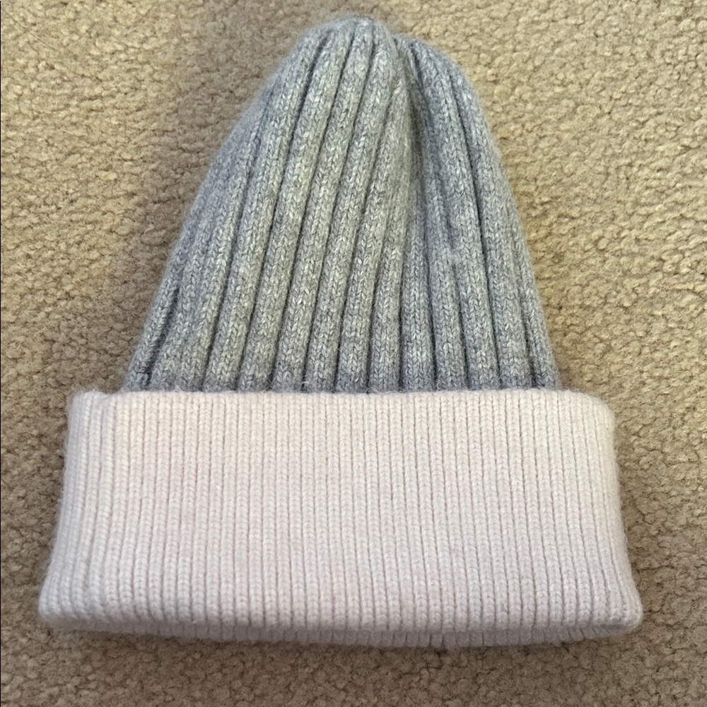 Gray and Cream Ribbed  Angora Blend Beanie Sz S